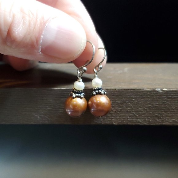 Jewelry - 925 Sterling Silver Brown And White Pearl Dangle Earrings